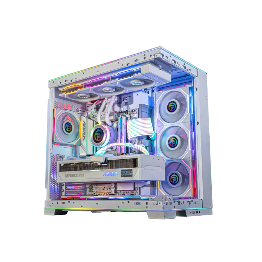 Bộ PC gaming mở case hiển thị các linh kiện