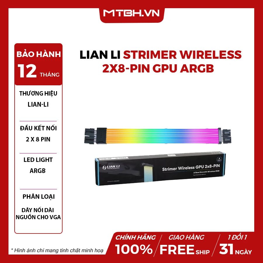 Dây nguồn nối dài Lian Li Strimer Wireless PW8-1W GPU 2x8 Pin ARGB - NEW