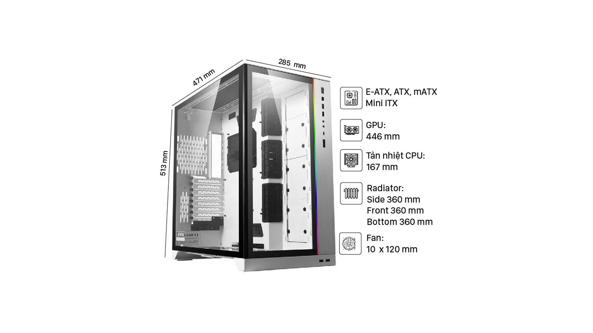 Vỏ Case PC Lian Li O11 Dynamic XL White - E-ATX - Trắng - NEW