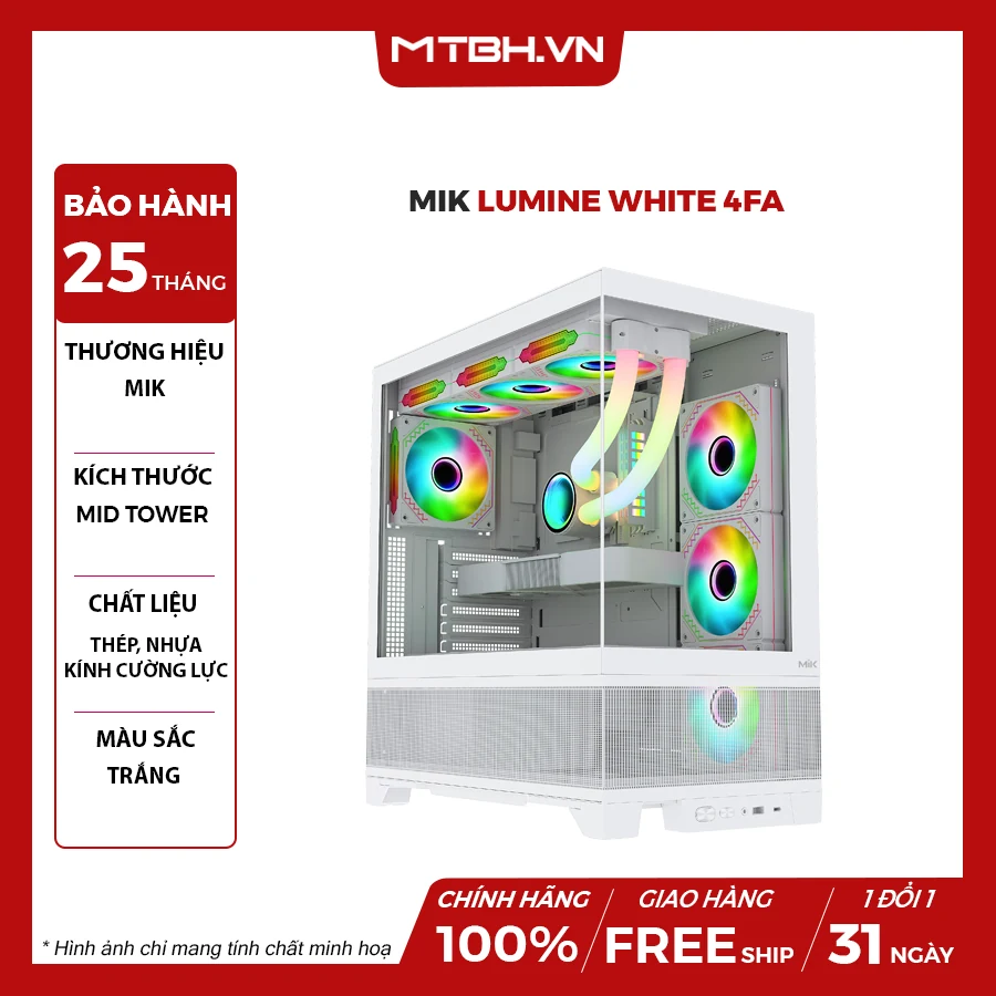 Vỏ Case PC MIK Lumine Gaming White 4 Fan - ATX - Trắng - NEW