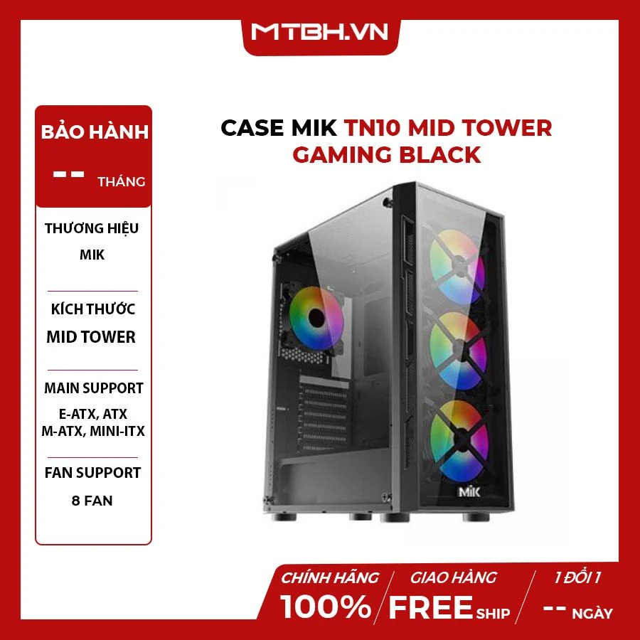 Vỏ Case PC MIK TN10 Mid Tower Gaming Black No Fan - ATX - Đen - NEW