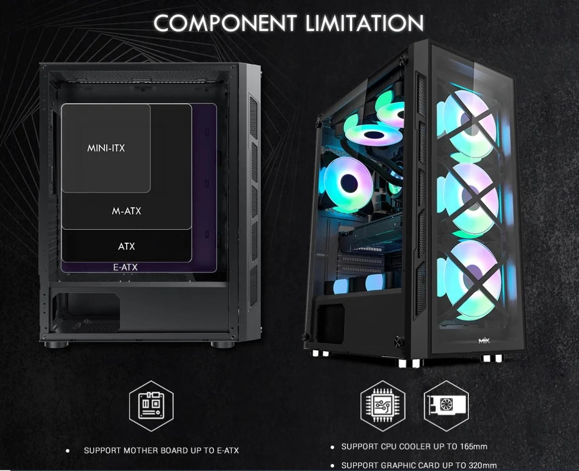 Vỏ Case PC MIK TN10 Mid Tower Gaming Black No Fan - ATX - Đen - NEW