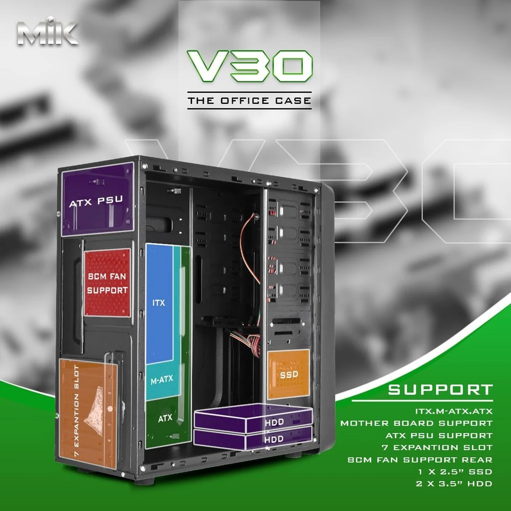 Vỏ Case PC MIK V30 ATX Văn Phòng Black - ATX - Đen - NEW
