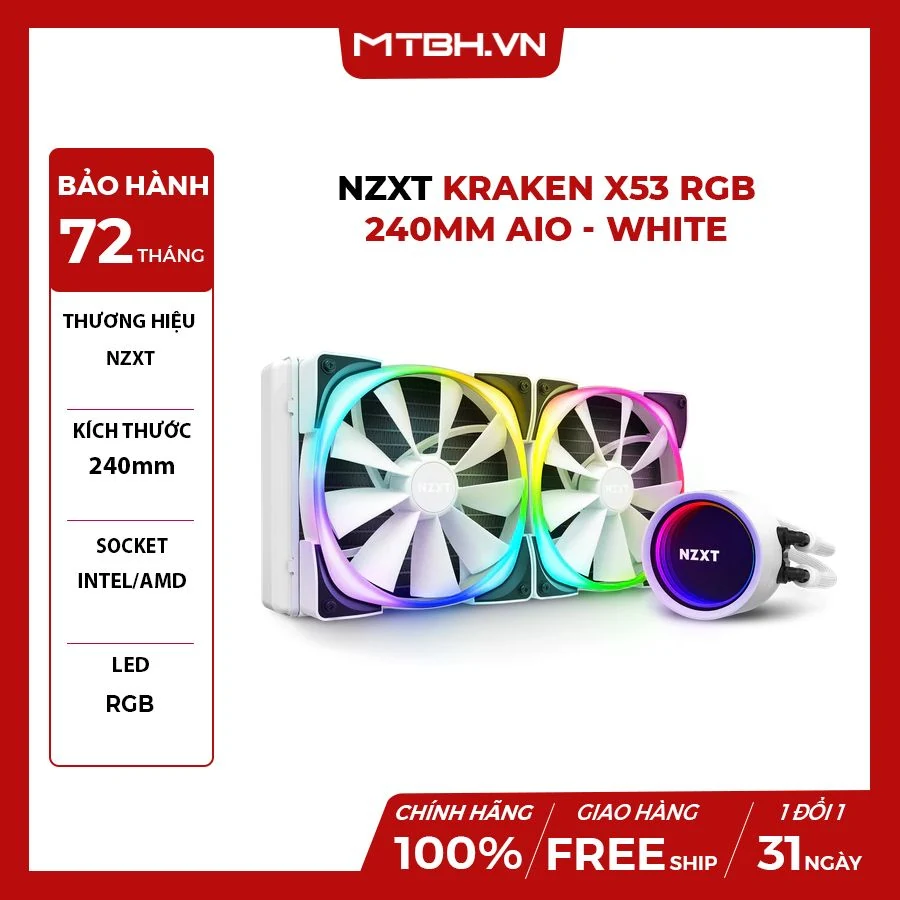 Tản Nhiệt Nước CPU NZXT Kraken X53 RGB 240mm White - NEW