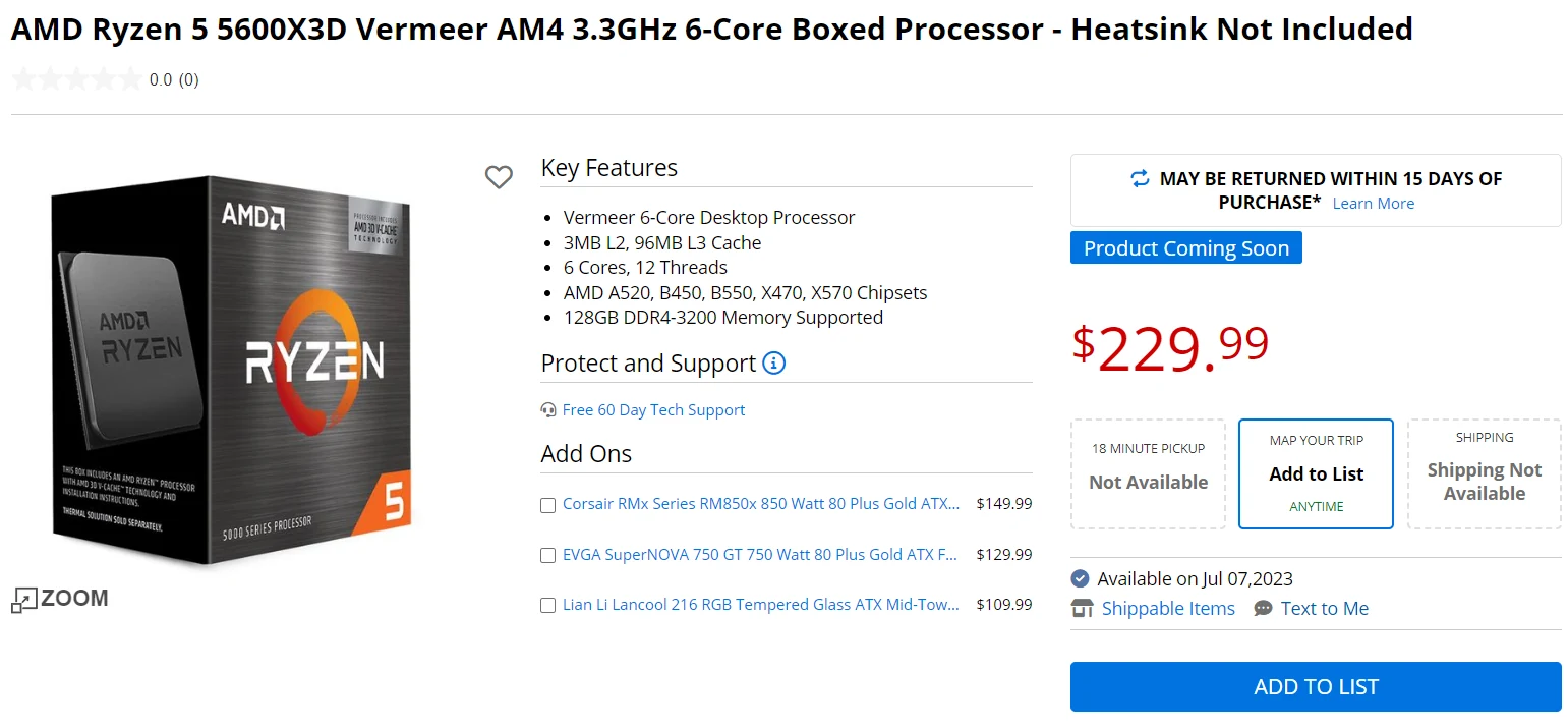 CPU AMD Ryzen 5 5600X3D - 6 nhân 12 luồng Max turbo 4,4GHz - AM4 - New Tray