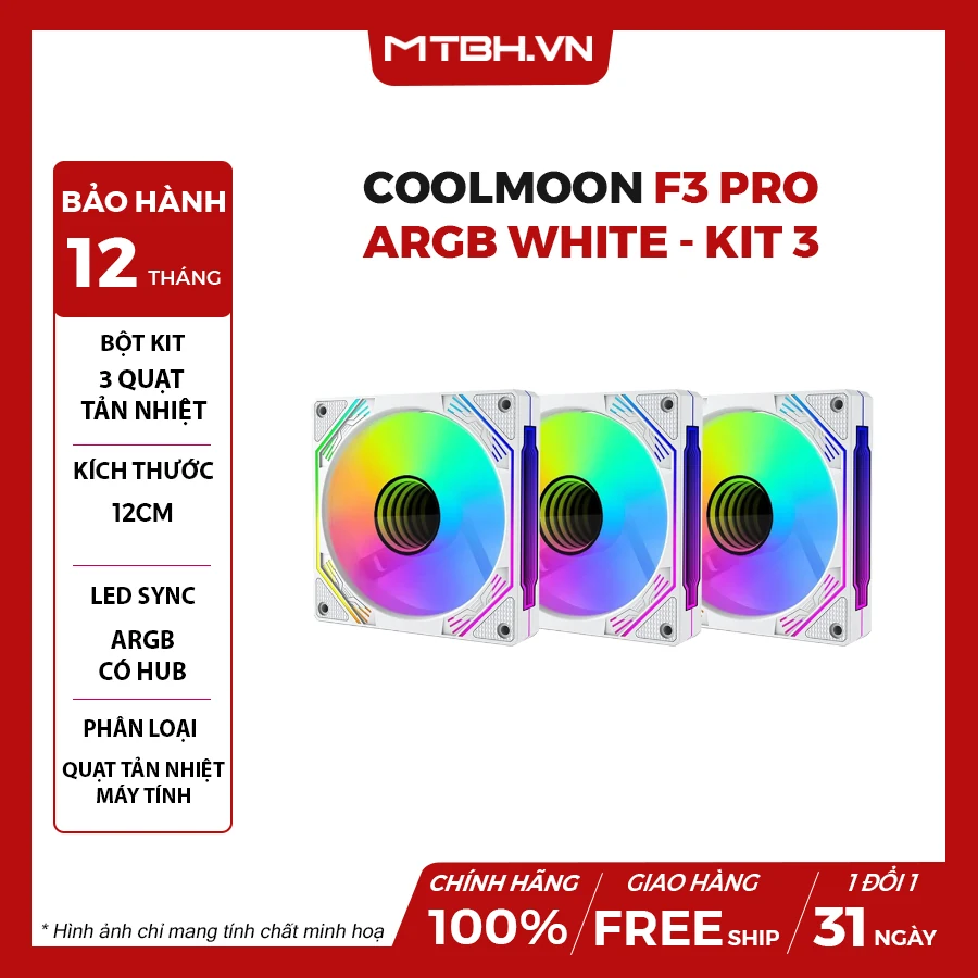 Fan Coolmoon F3 Pro ARGB Triple Pack - White - ARGB - New