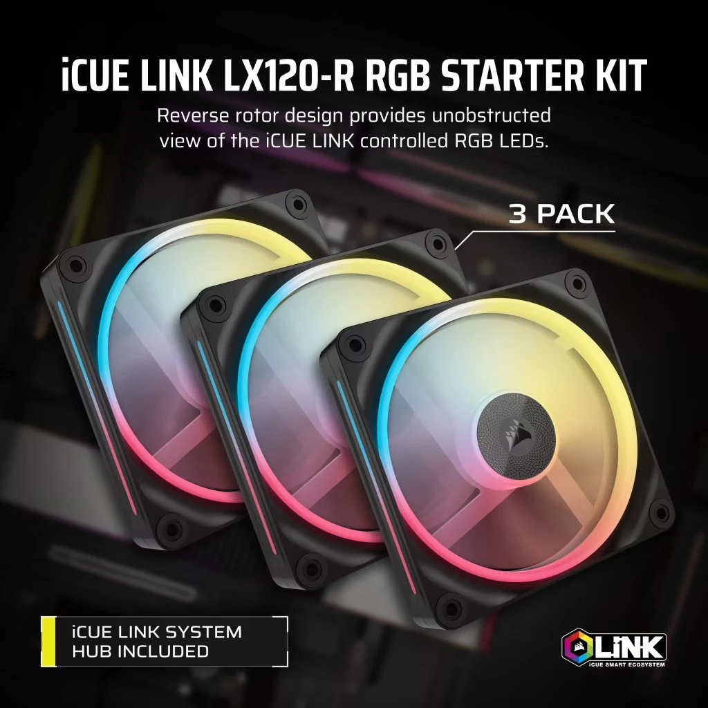Fan Corsair iCUE LINK LX120-R RGB Reverse Blade Starter Kit Triple Pack - Black - ARGB - New