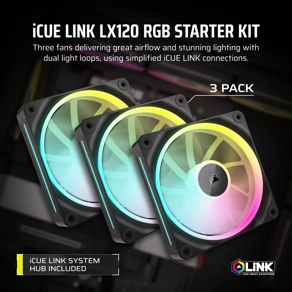 Fan Corsair iCUE LINK LX120 RGB Starter Kit Triple Pack - Black - ARGB - New