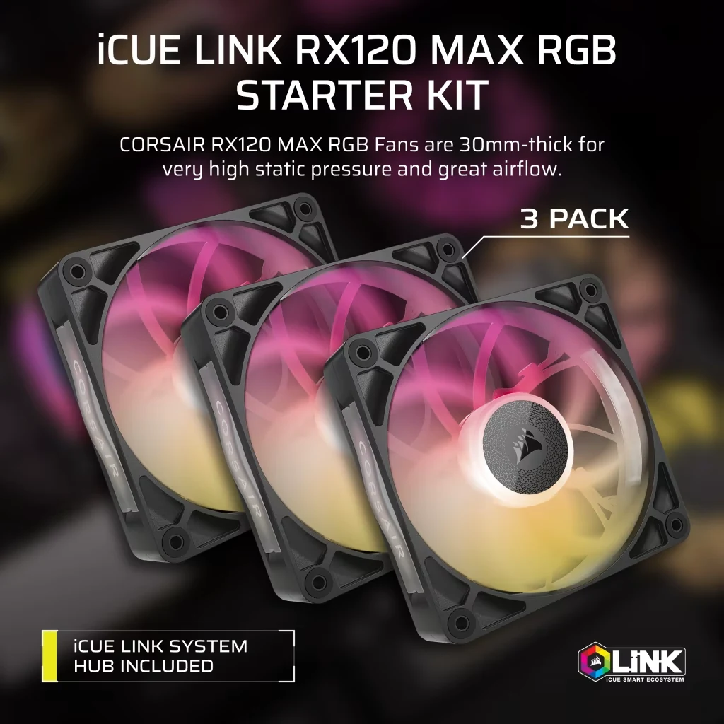 Fan Corsair iCUE LINK RX120 MAX RGB Starter Kit Triple Pack - Black - ARGB - New