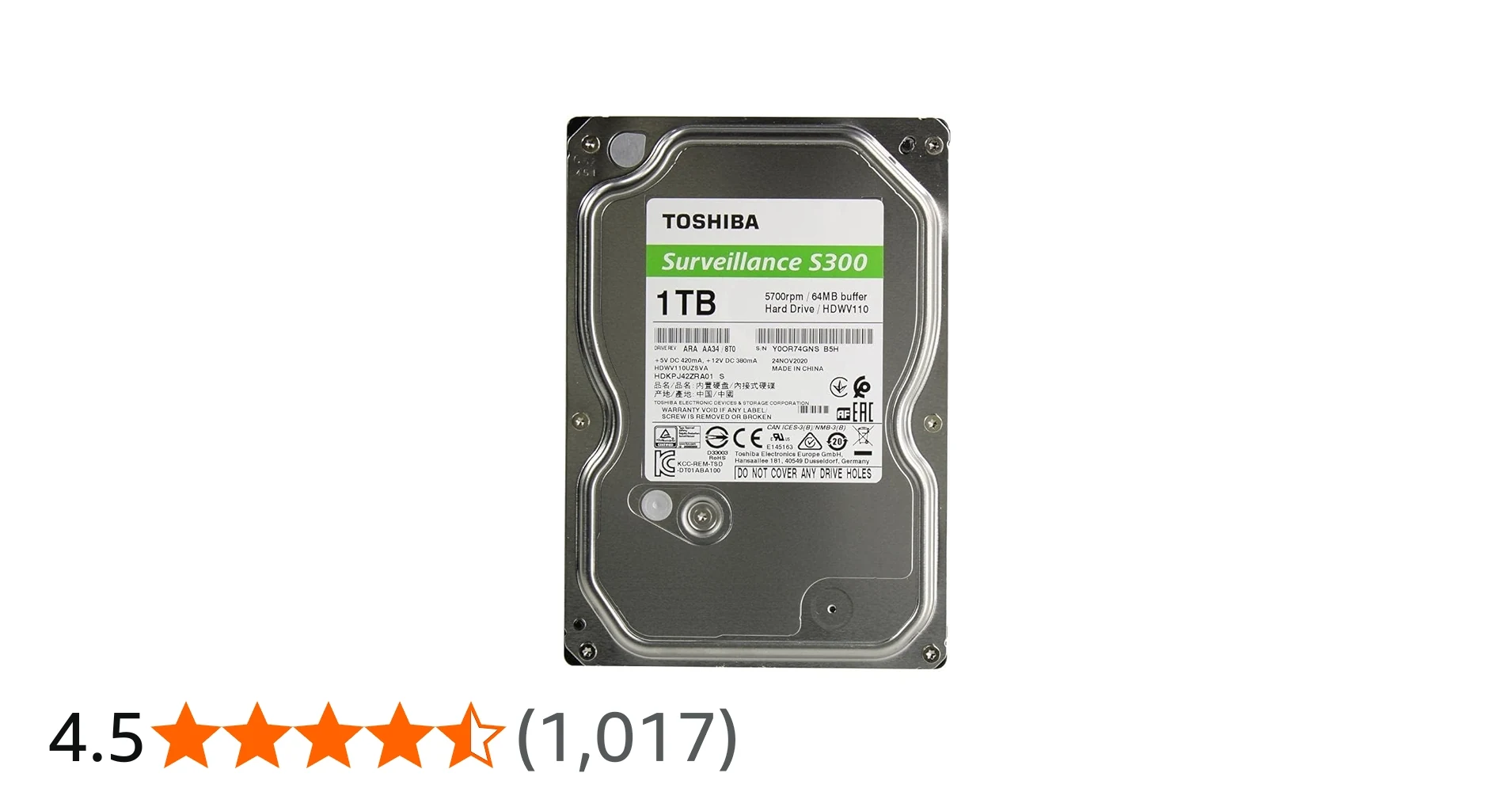 HDD Toshiba S300 Surveillance 1TB 3.5 inch - HDWV110UZSVA