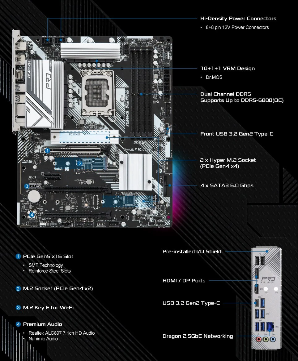Mainboard ASRock B760 Pro RS - 4 Khe RAM DDR5 - LGA 1700 - NEW