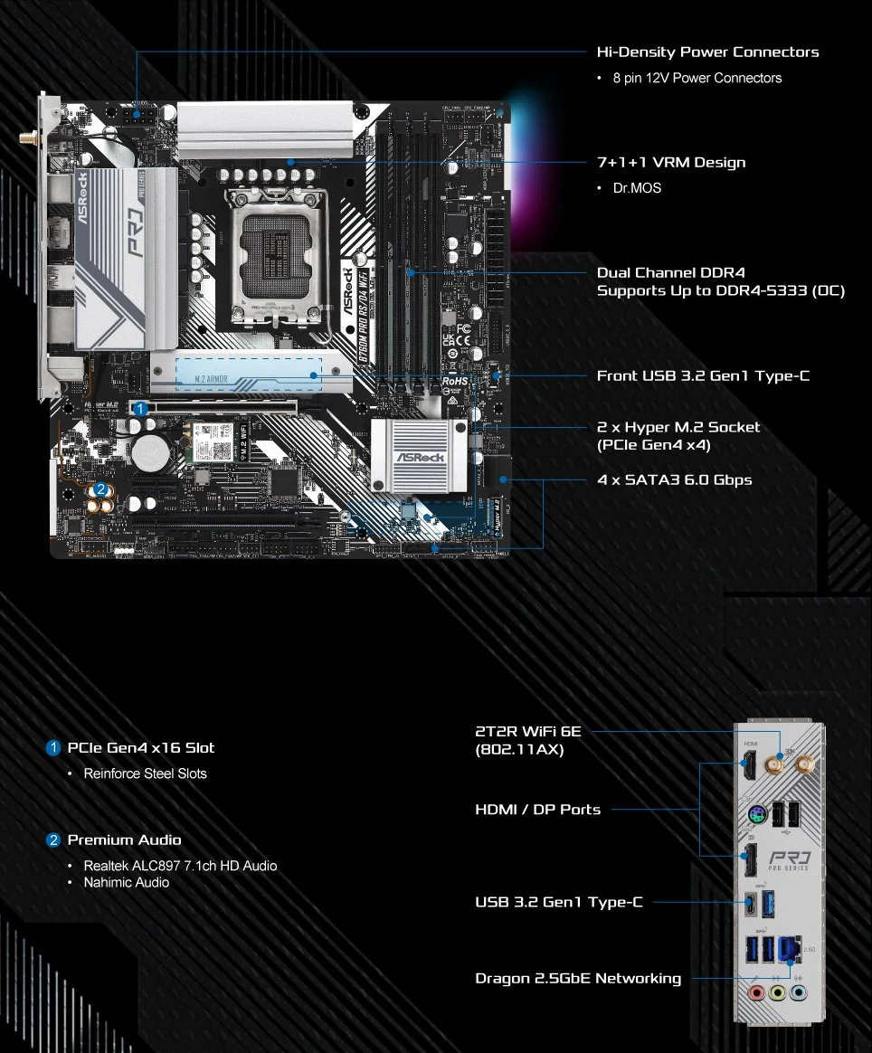 Mainboard ASRock B760M Pro RS/D4 - 4 Khe RAM DDR4 - LGA 1700 - NEW