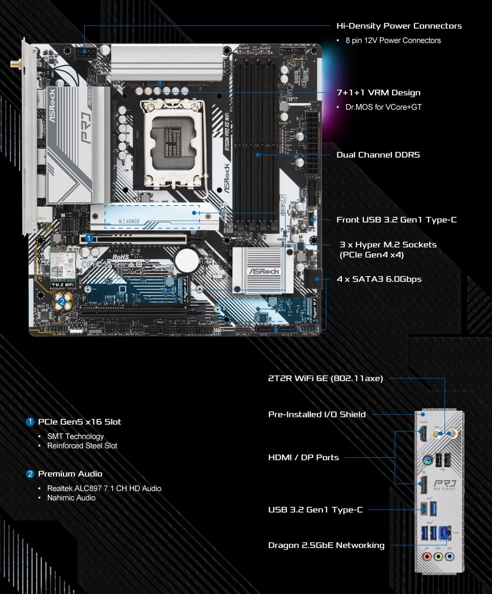 Mainboard ASRock B760M Pro RS WiFi - 4 Khe RAM DDR5 - LGA 1700 - NEW