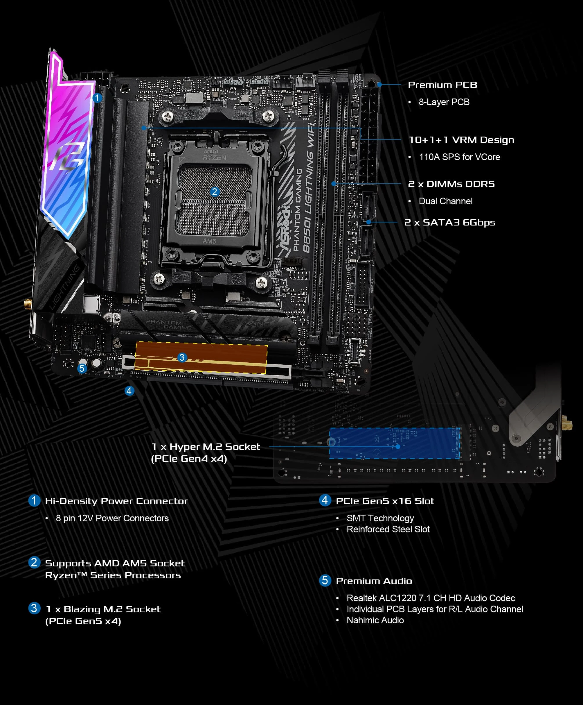 Mainboard ASRock B850I Lightning WiFi - 2 Khe RAM DDR5 - AM5 - NEW