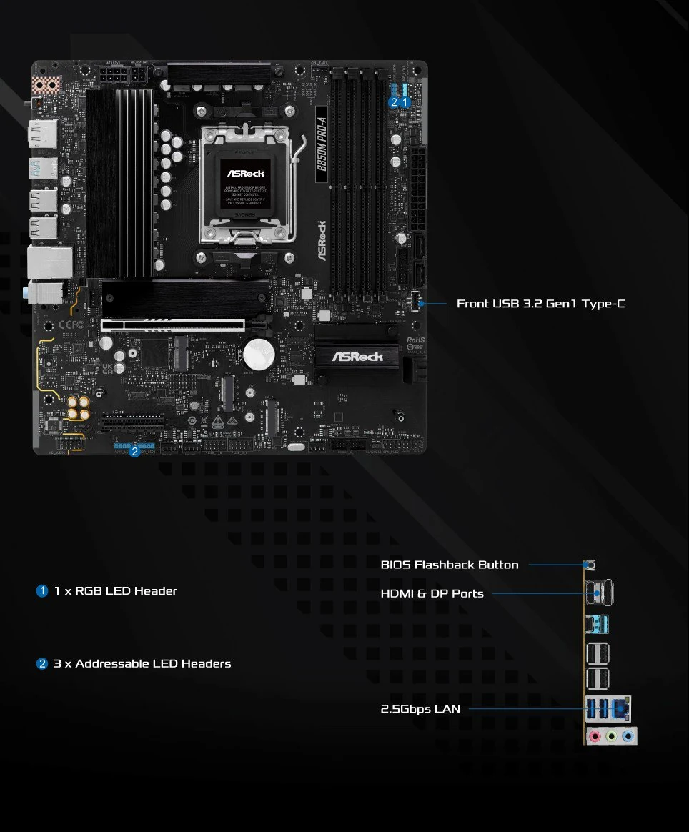 Mainboard ASRock B850M Pro-A - 4 Khe RAM DDR5 - AM5 - NEW
