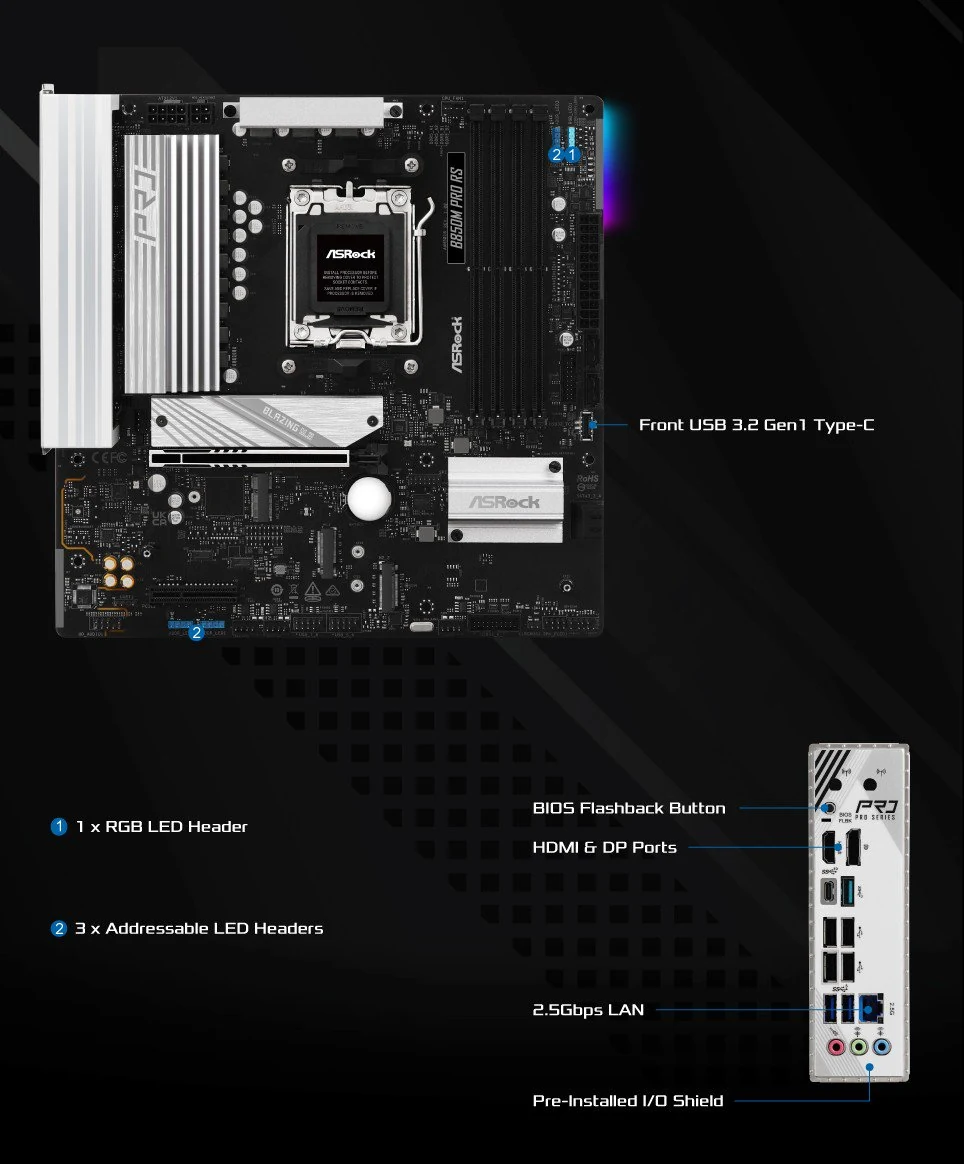 Mainboard ASRock B850M Pro RS - 4 Khe RAM DDR5 - AM5 - NEW