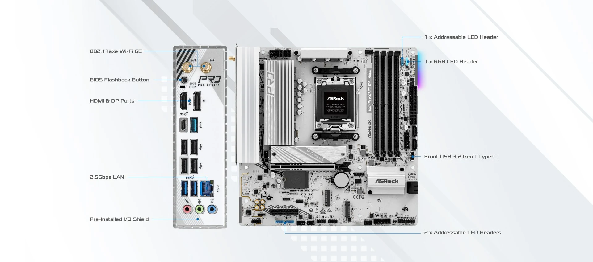 Mainboard ASRock B850M Pro RS WiFi White - 4 Khe RAM DDR5 - AM5 - NEW