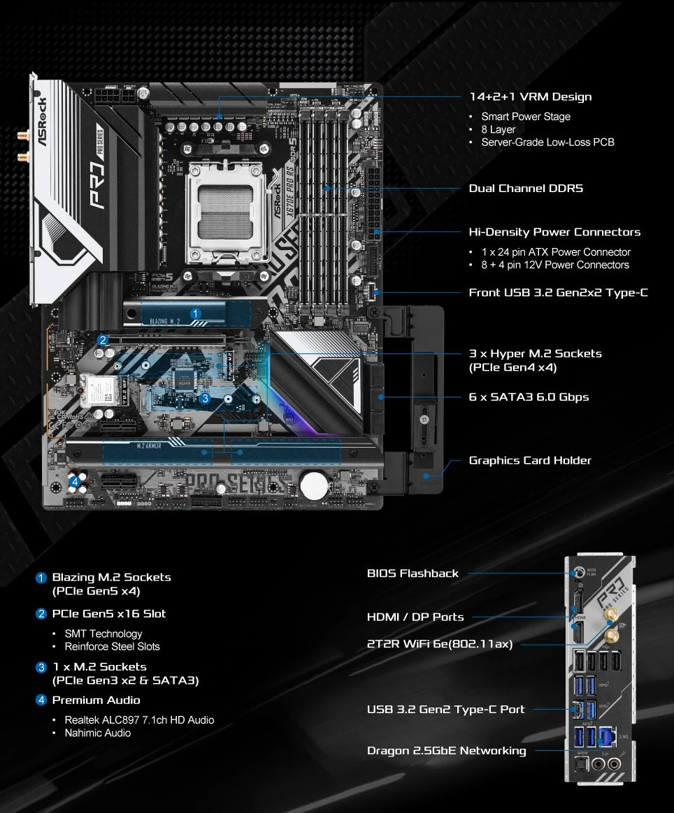 Mainboard ASRock X670E PRO RS - 4 Khe RAM DDR5 - AM5 - NEW