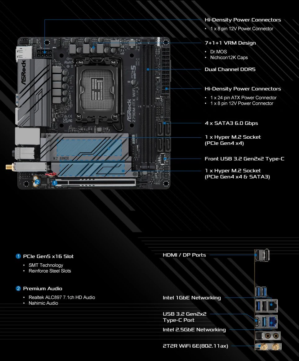 Mainboard ASRock Z790M-ITX WiFi - 2 Khe RAM DDR5 - LGA 1700 - NEW