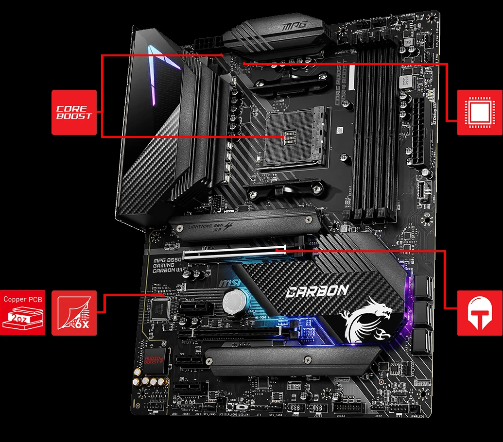 Mainboard MSI MPG B550 GAMING CARBON WIFI - 4 Khe RAM DDR4 - AM4 - NEW