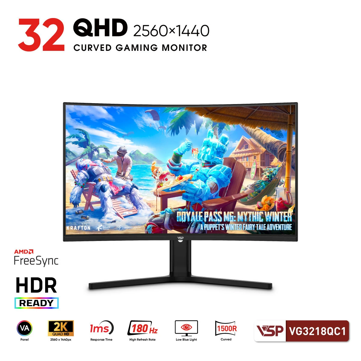 Màn hình VSP VG3218QC1 - 31,5 inch - QHD - VA Cong - 180HZ - New