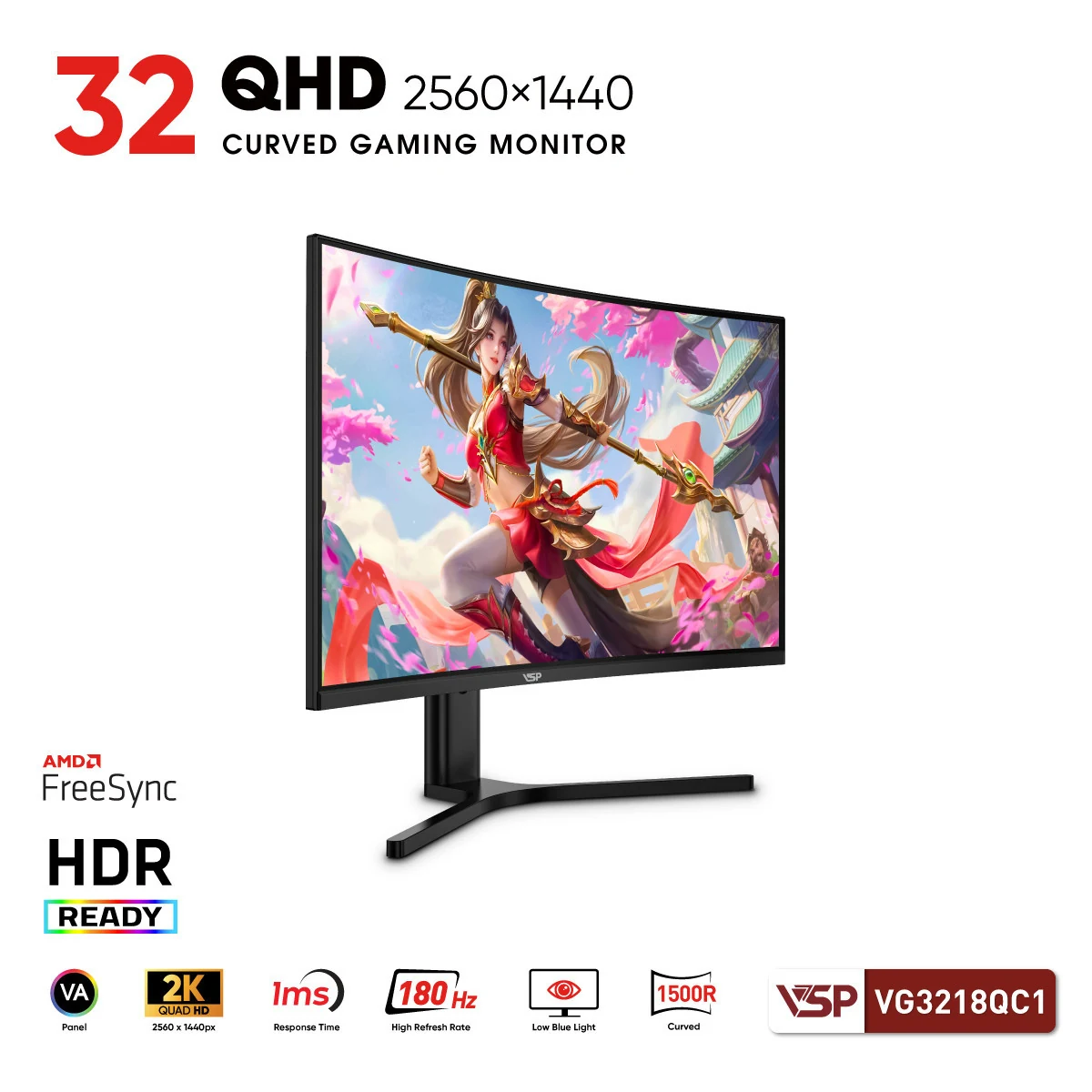 Màn hình VSP VG3218QC1 - 31,5 inch - QHD - VA Cong - 180HZ - New
