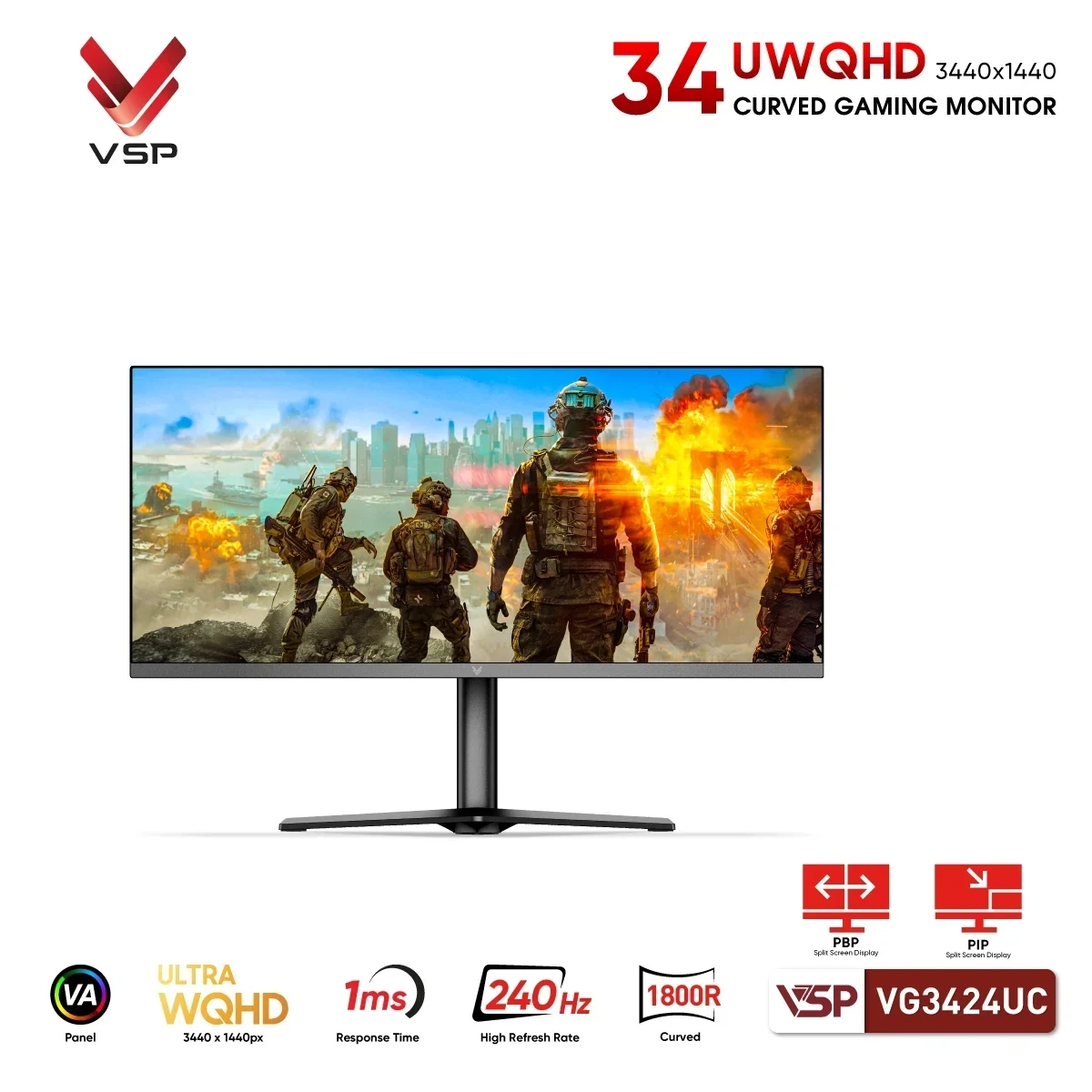 Màn hình VSP VG3424UC - 34 inch - UWQHD - VA Cong - 240HZ - New