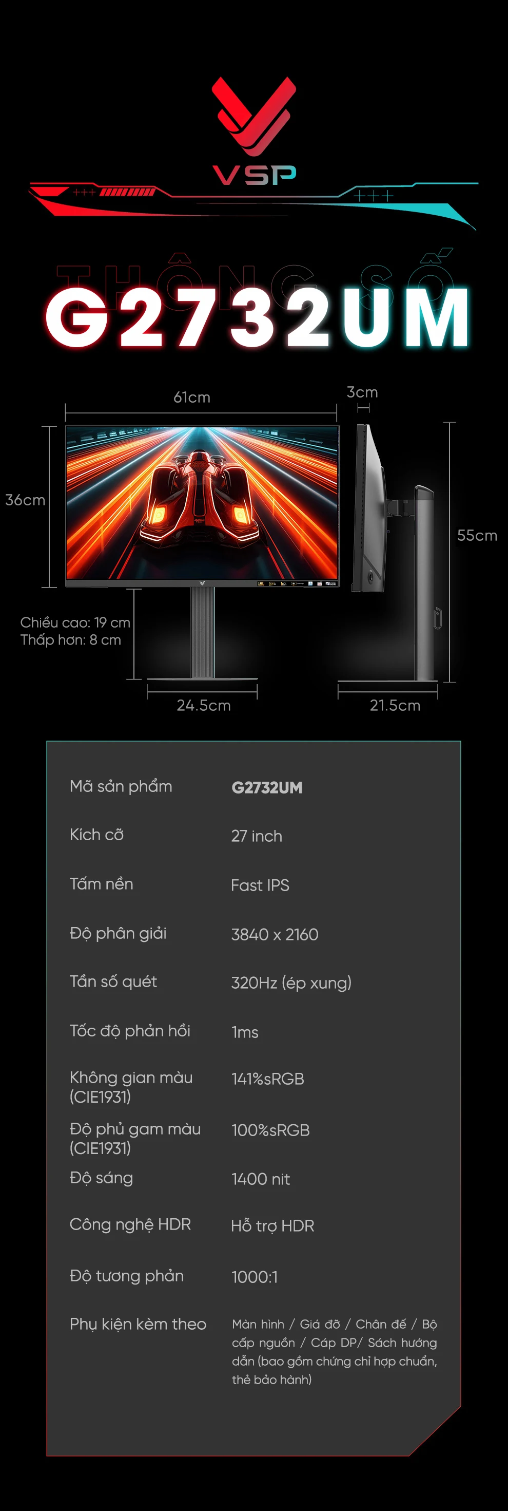 Màn hình VSP Vision Pro G2732UM - 27 inch - 4K UHD / FHD Dual Mode - Fast IPS Mini LED - 320HZ - New
