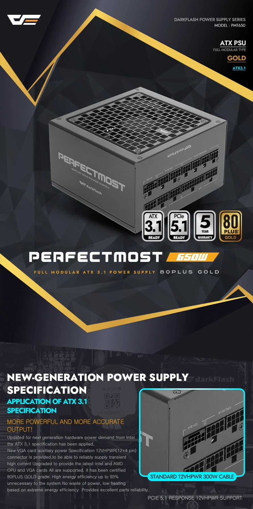 Nguồn PC DarkFlash PMT650 - 80 Plus Gold - Full Modular - New