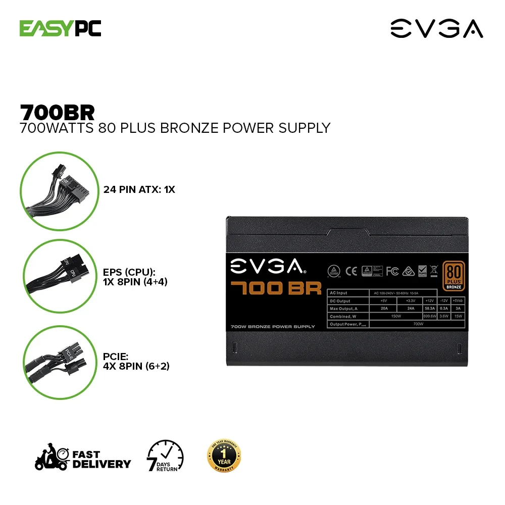 Nguồn PC EVGA 700 BV - 80 Plus Bronze - Non Modular - New