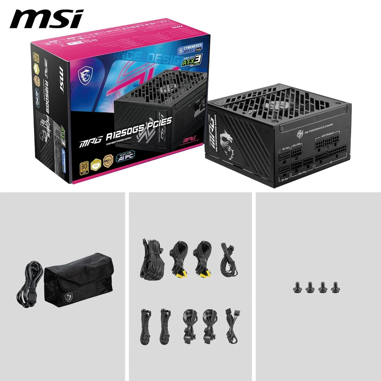 Nguồn PC MSI MPG A1250GS PCIE5 - 80 Plus Gold - Full Modular - New
