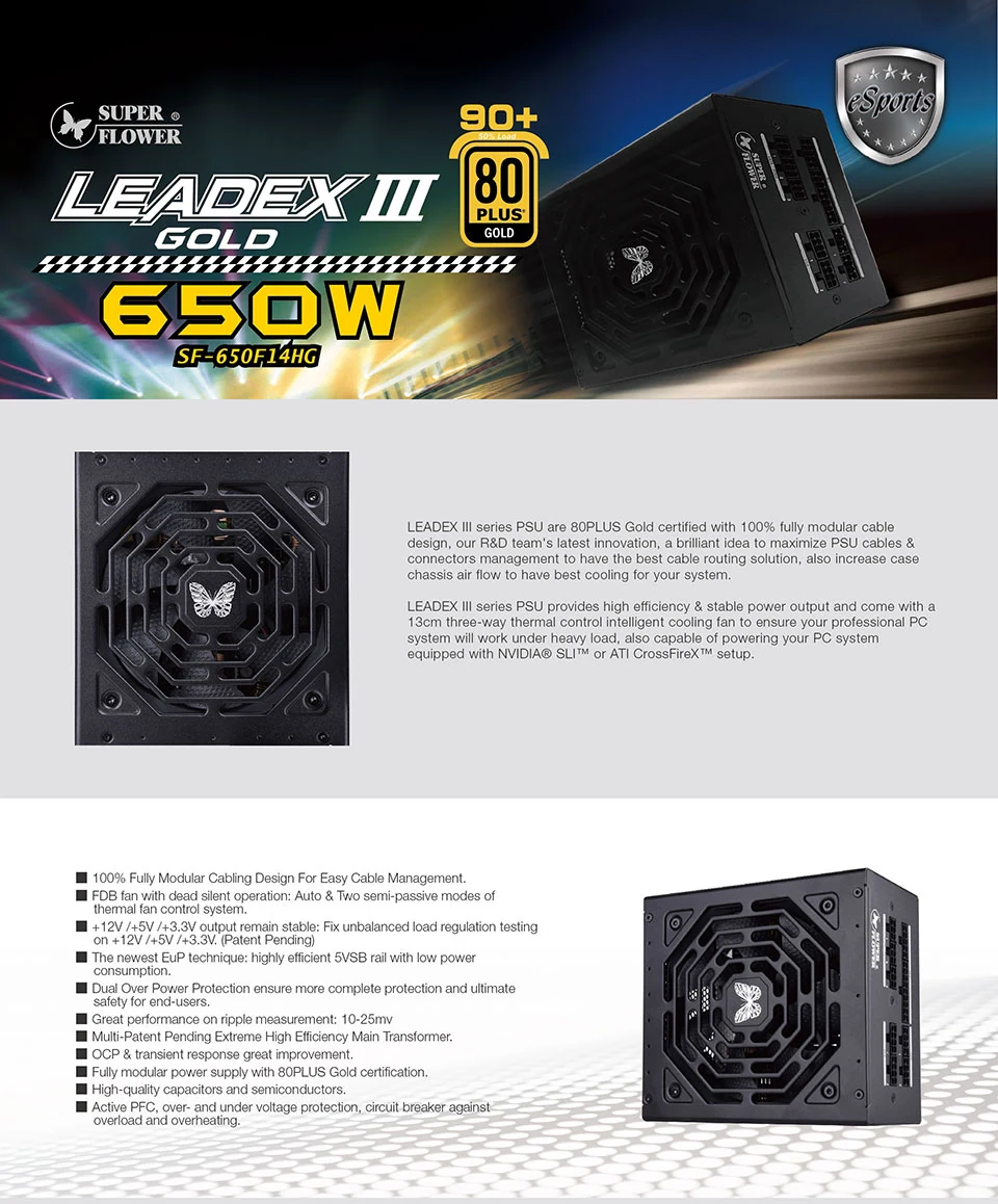 Nguồn PC Super Flower Leadex V Gold PRO 650W - 80 Plus Gold - Full Modular - New