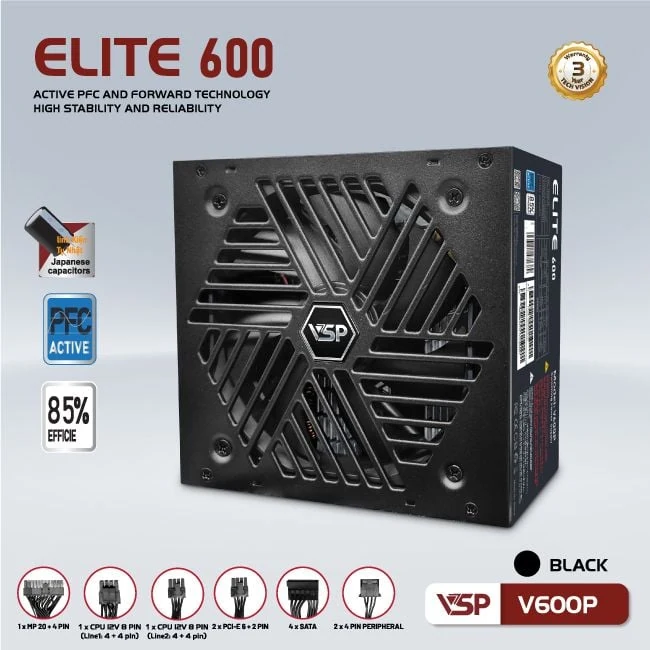 Nguồn PC VSP Elite V600P 600W - Non Modular - New