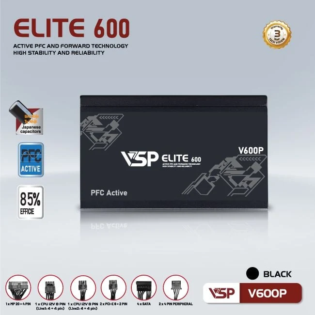 Nguồn PC VSP Elite V600P 600W - Non Modular - New