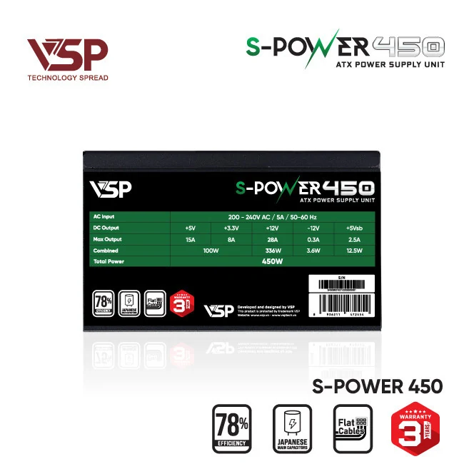 Nguồn PC VSP S-Power 450W - 78% Efficiency - Non Modular - New