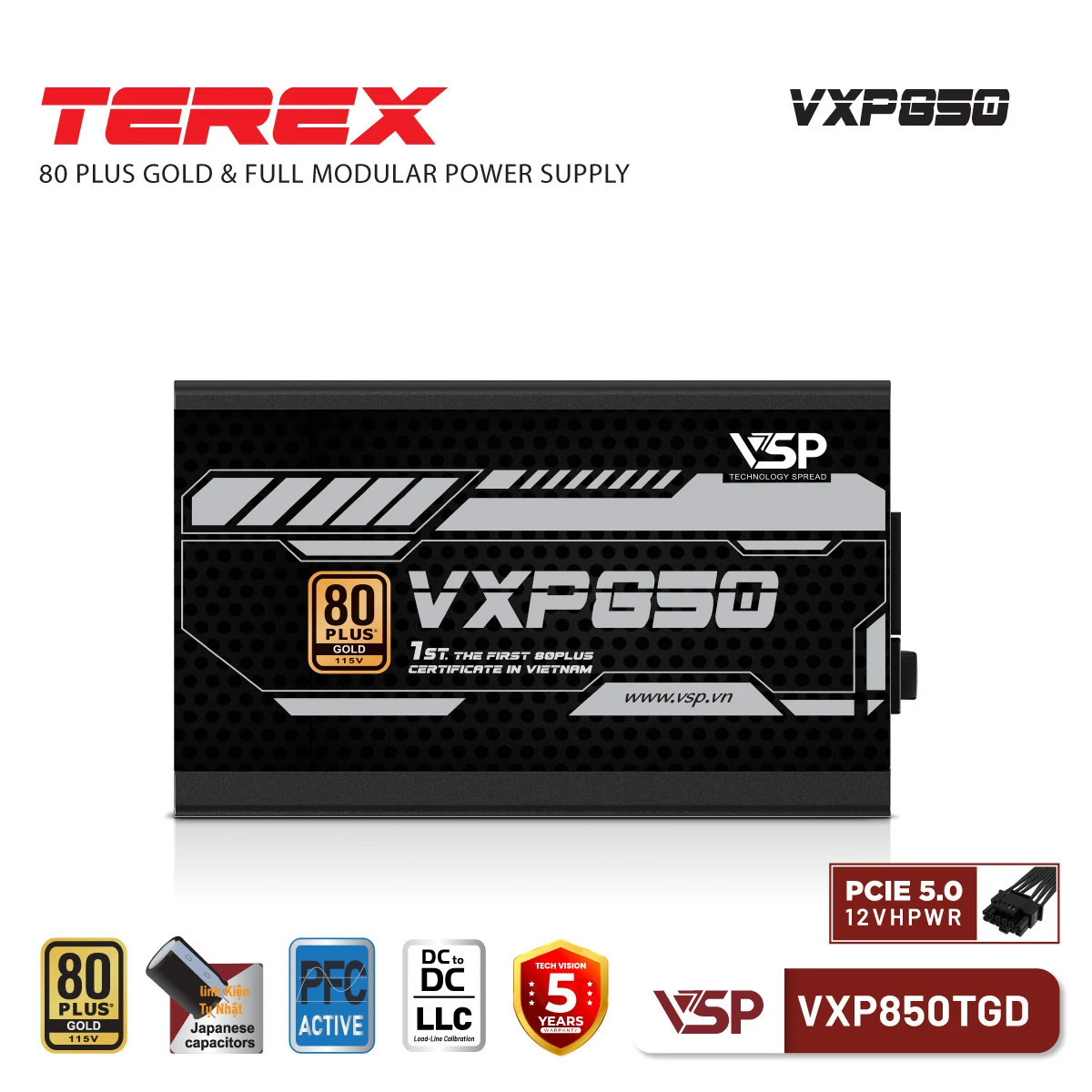 Nguồn PC VSP Terex VXP850TGD 850W - 80 Plus Gold - Full Modular - New