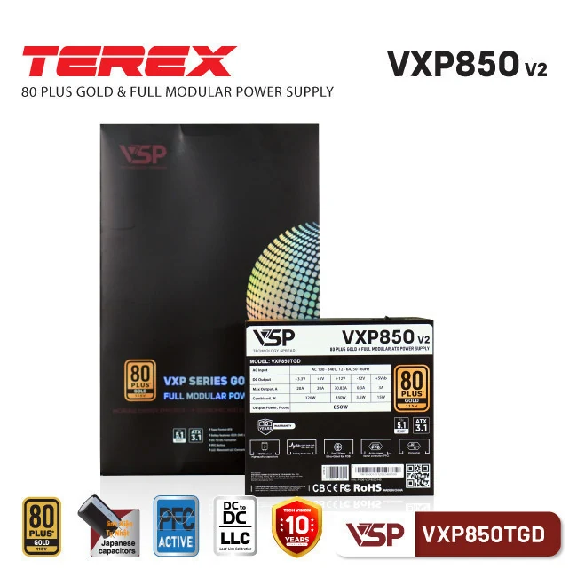 Nguồn PC VSP Terex VXP850TGD 850W - 80 Plus Gold - Full Modular - New