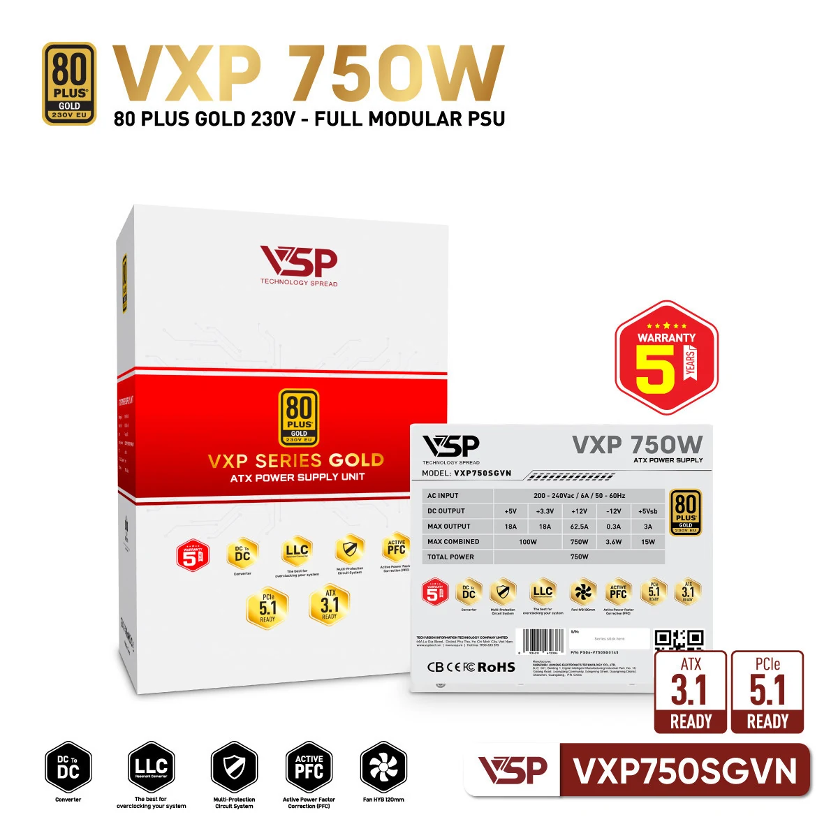 Nguồn PC VSP VXP750SGVN 750W - 80 Plus Gold - Full Modular - New