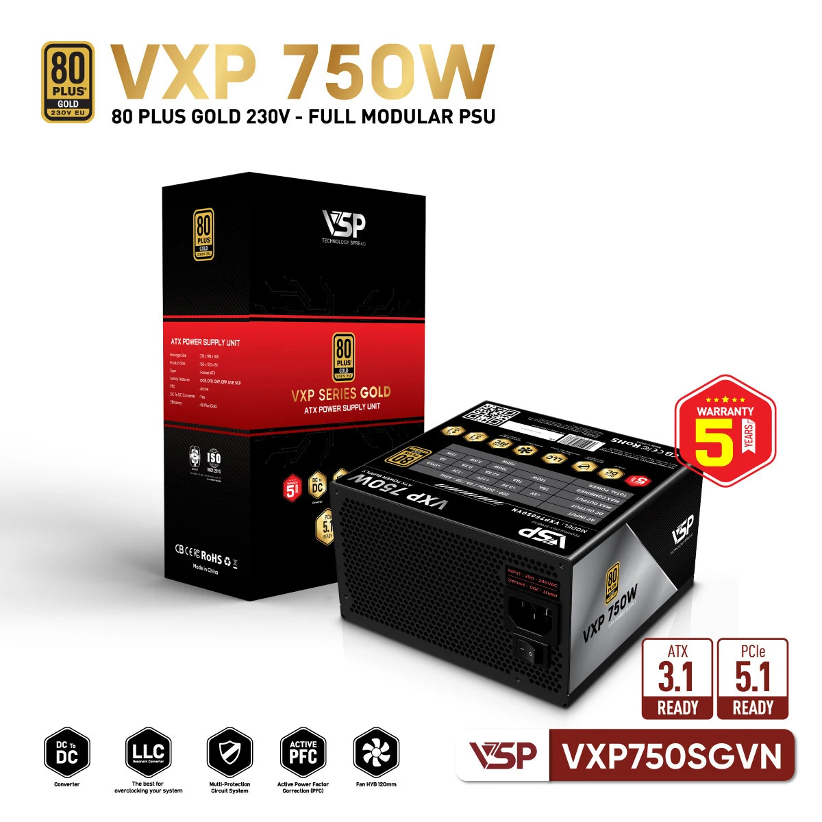 Nguồn PC VSP VXP750SGVN ATX 3.1 750W - 80 Plus Gold - Full Modular - New