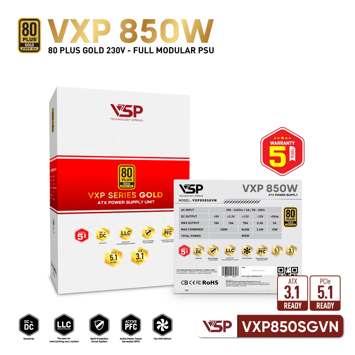 Nguồn PC VSP VXP850SGVN 850W - 80 Plus Gold - Full Modular - New