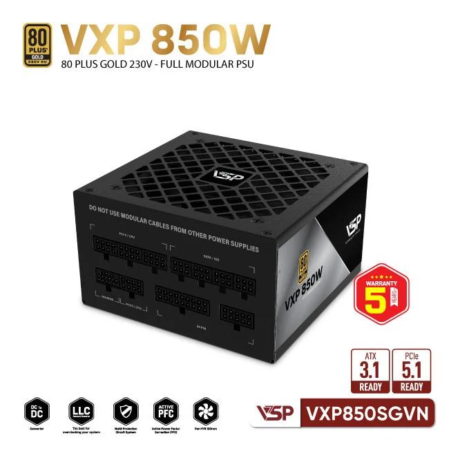 Nguồn PC VSP VXP850SGVN 850W - 80 Plus Gold - Full Modular - New