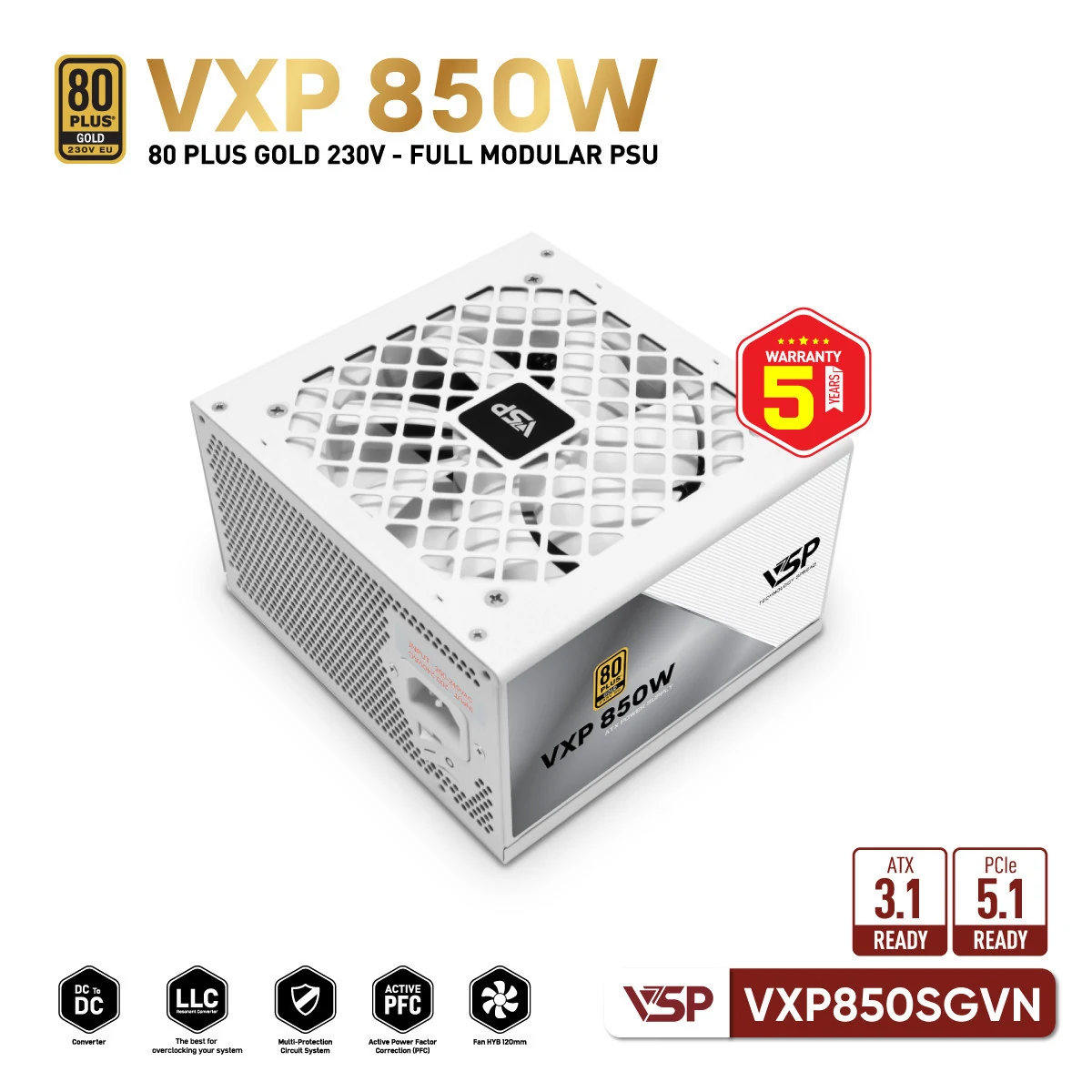 Nguồn PC VSP VXP850SGVN ATX 3.1 850W - 80 Plus Gold - Full Modular - New
