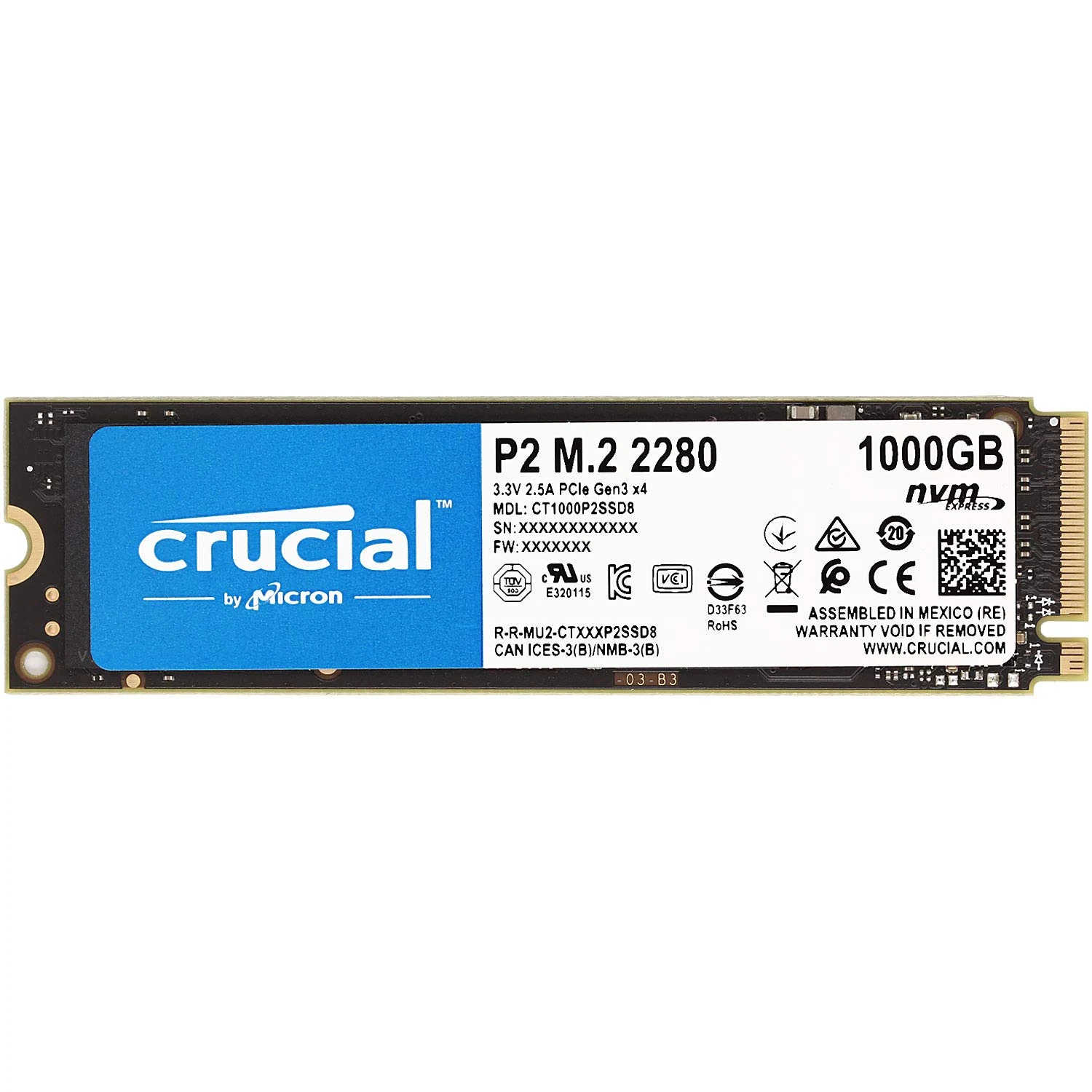 SSD Crucial P2 1TB - M.2 NVMe - PCIe Gen 3x4 - New
