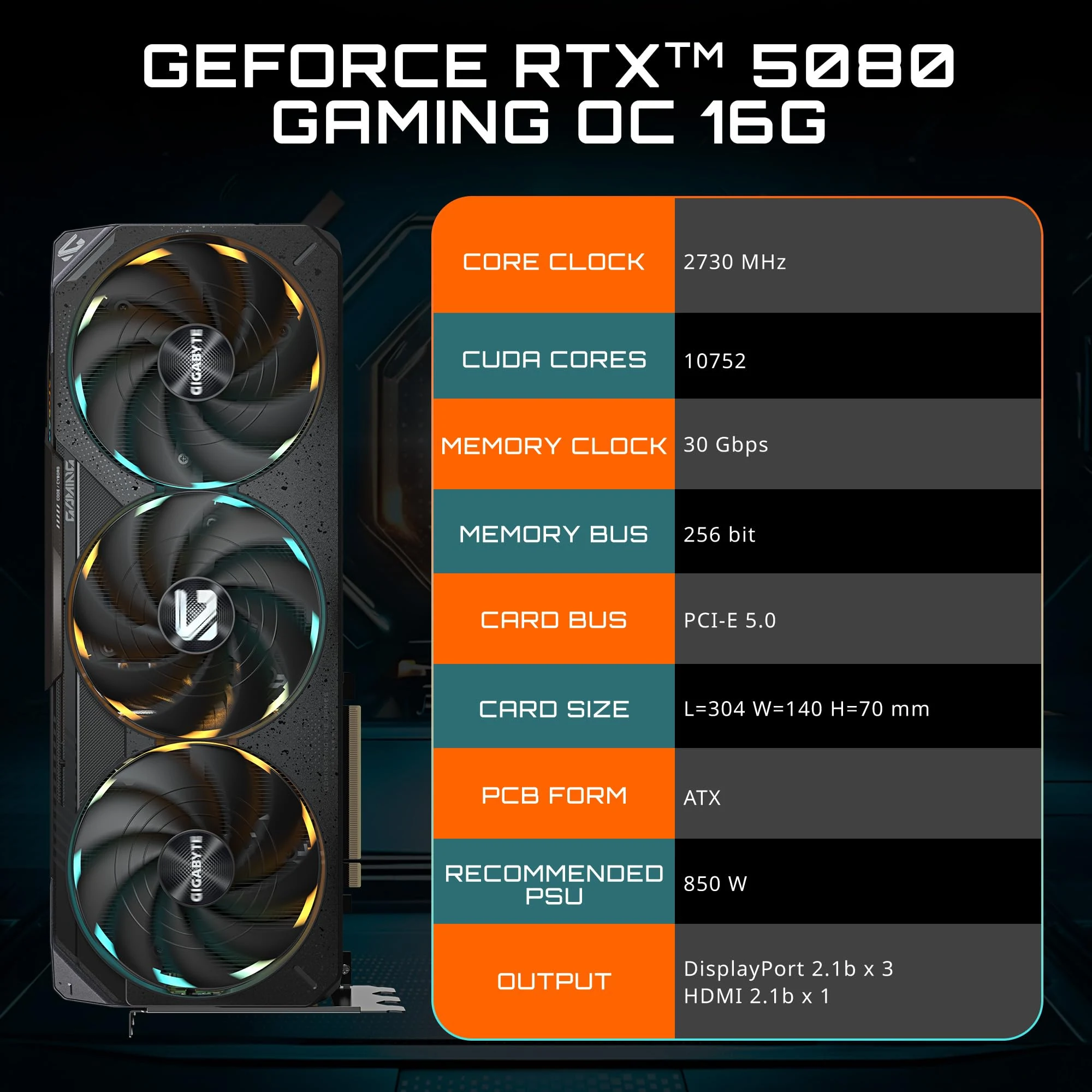 VGA Gigabyte GeForce RTX 5080 GAMING OC 16G - GDDR7 - NEW